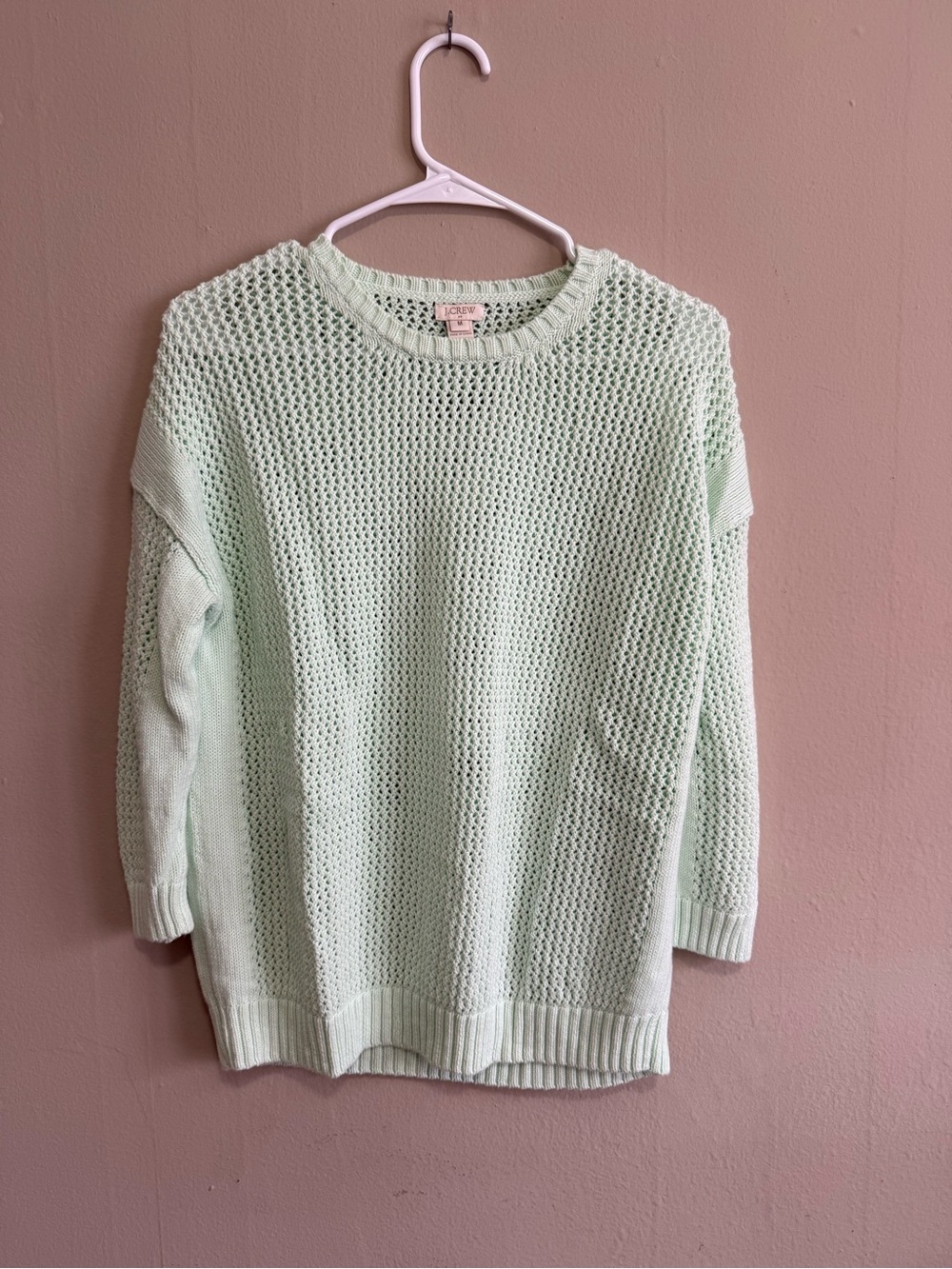 J Crew Mint Green Open-Knit Crewneck Sweater